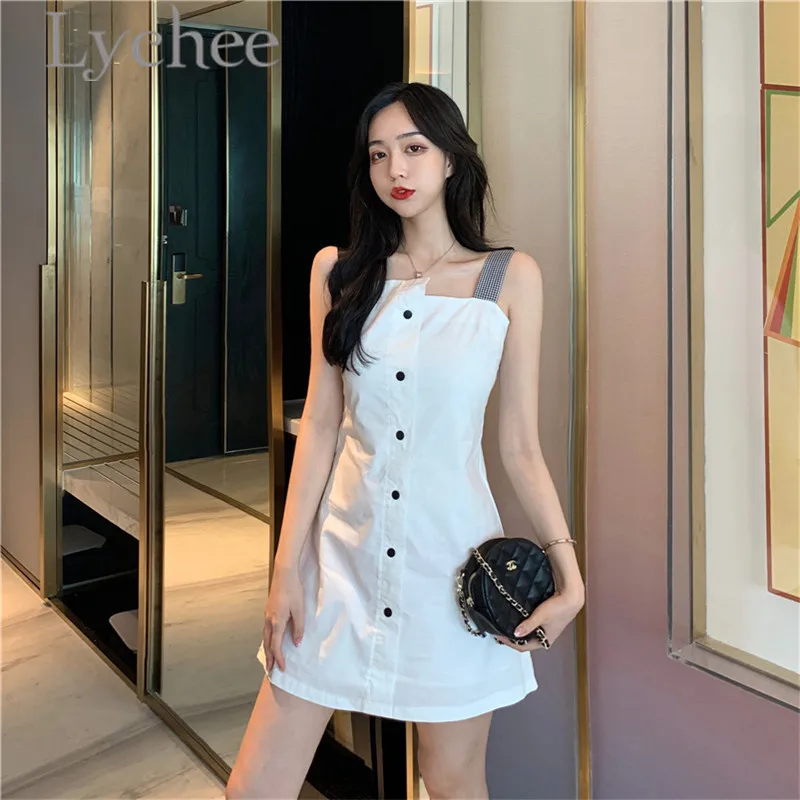 

Lychee Retro Solid Color Women Button Dress Off Shoulder High Waist Above Knee Spring Summer Irregular Lady Suspender Dress
