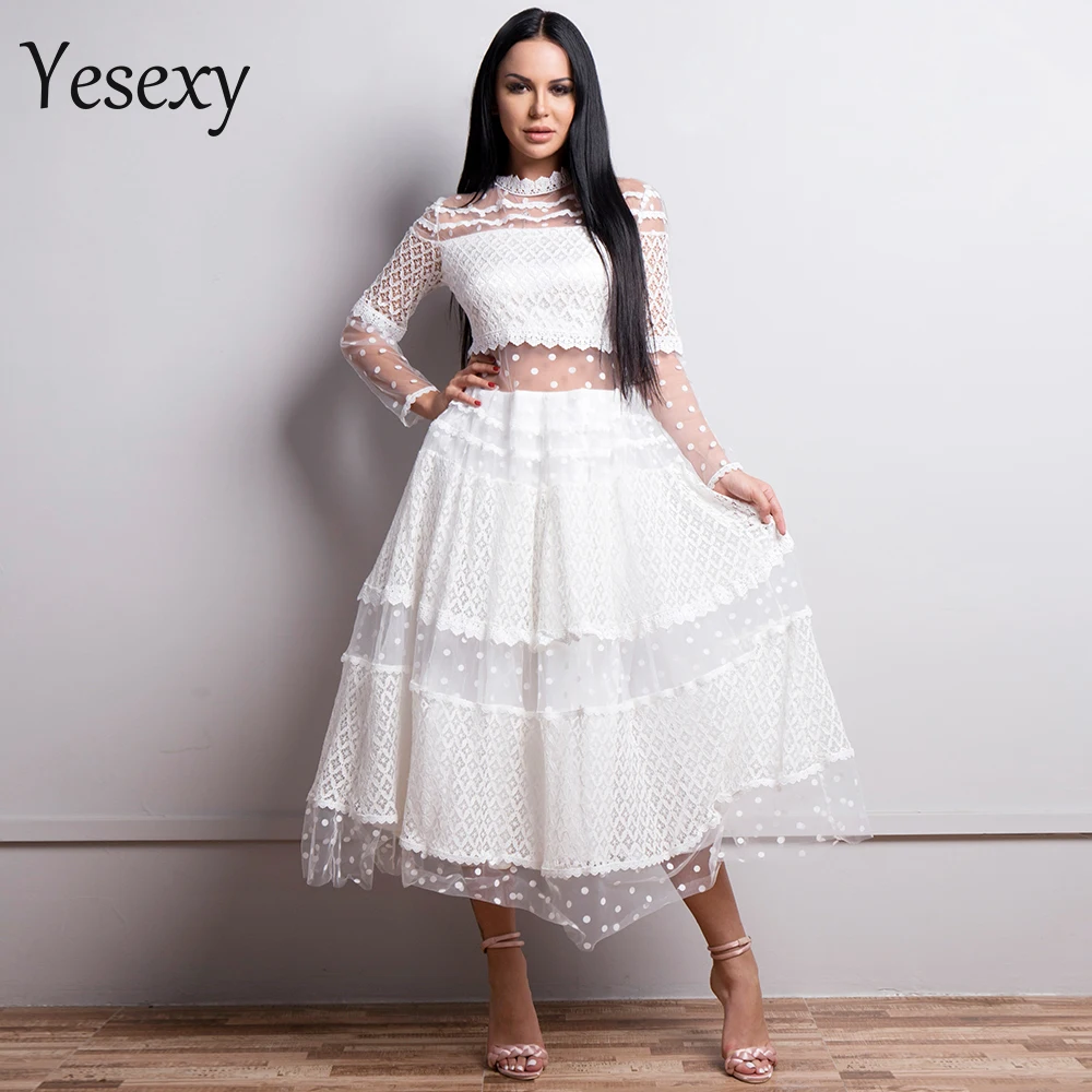 

Yesexy 2019 Women Sexy High Neck Long Sleeve Dot Dresses Female Lace Dress See Through Casual Elegant Dress VR18425