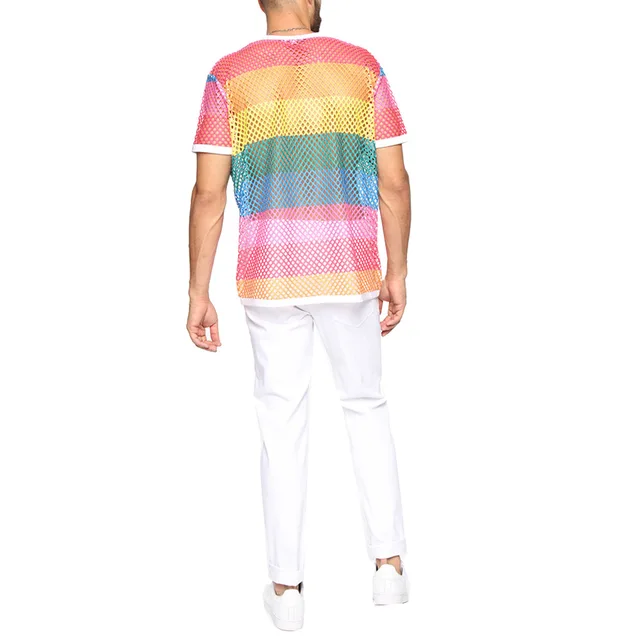 Men's Rainbow Mesh See through Fishnet T Shirt 2021 Sexy Short Sleeve Transparent Tshirt Homme Hip Hop Streetwear Camisetas 5XL 3