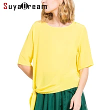 Шелковая женская футболка, натуральный шелк, повседневный Топ, короткий рукав, одноцветная рубашка с круглым вырезом, Blusas femininas, весна-лето, черный, красный