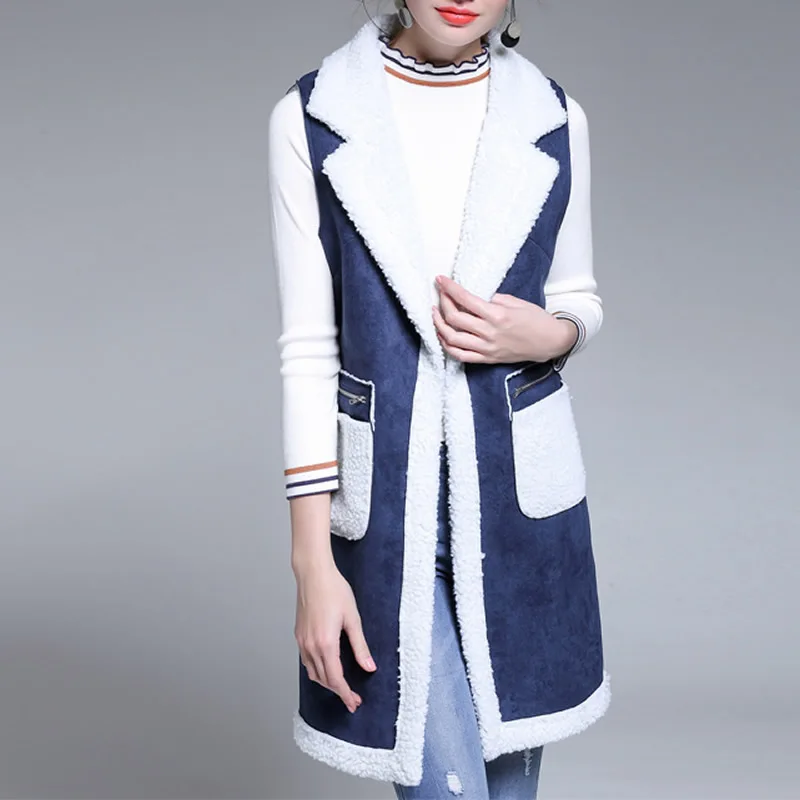 Winter Women Vest Waistcoat Women's Sleeveless Vest Jacket Long Patchwork Faux Suede Vests Coat Female Waistcoats Long Denim