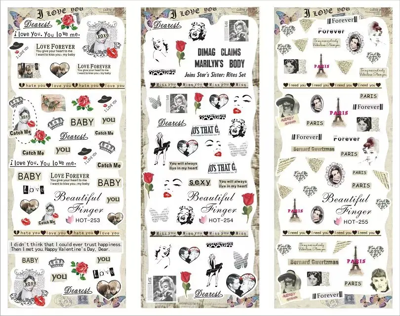 

Hot Sale 3 IN 1 Water Transfer Decal Stickers Nail Art Manicure Tips Love Rose Marilyn Monroe 3 Sheet In One Page HOT253-255