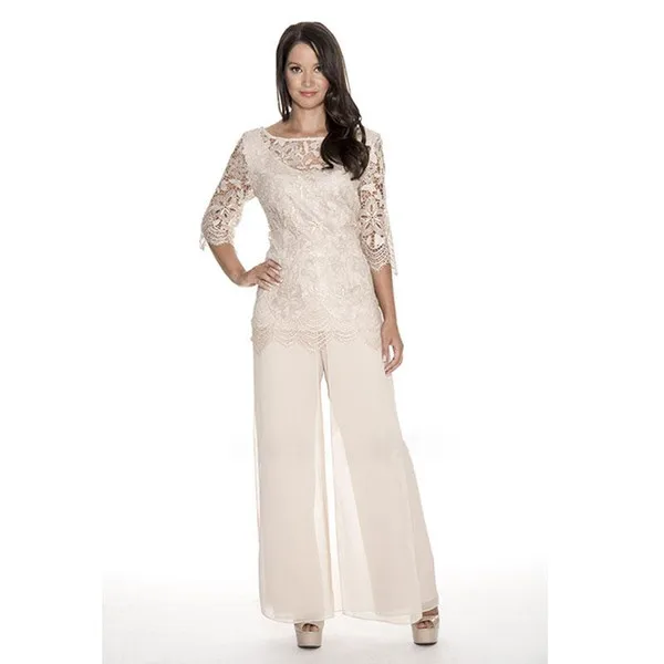 High Quality Lace Mother Of The Bride Pant Suits Sheer Bateau Neck Wedding Guest Dress Two Pieces Plus Size Chiffon Mothers Groom Dresses