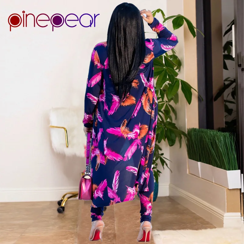 PinePear Fashion Women Leaf Print OL Pant Suits 2019 New Winter X-Long Coat Office Lady Business Formal Party 3 Three Piece Set