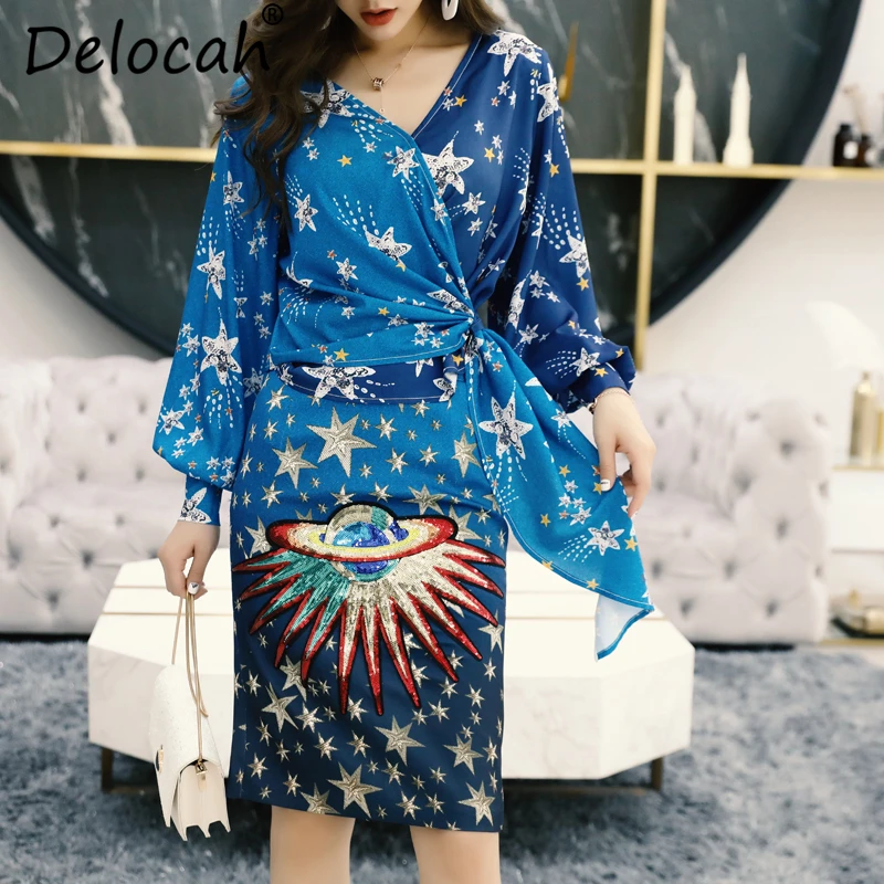 

Delocah New 2019 Ladies Spring Summer Suits Runway Fashion Designer Sexy V-Neck Bow Shirt and Printed Skirt Two Pieces Set