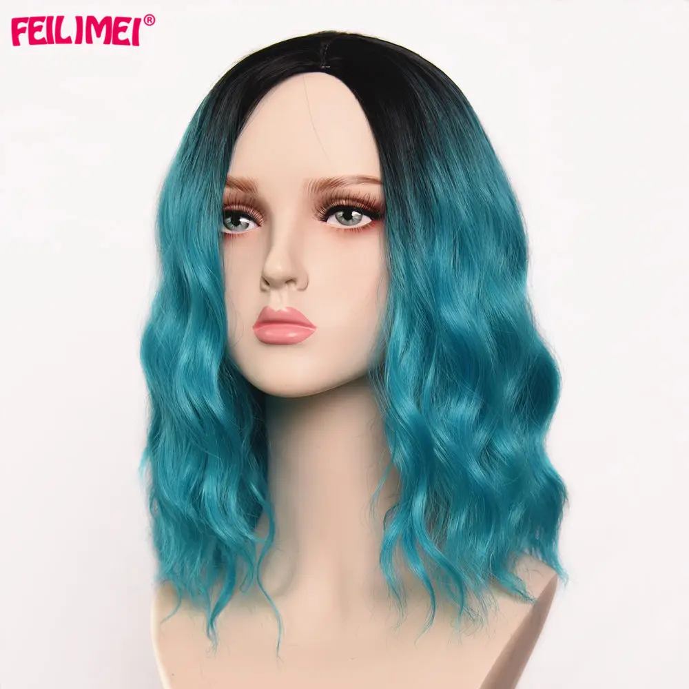 Feilimei Омбре Синий Розовый Красный парик Синтетические длинные волнистые женские парики для косплея 14 дюймов короткие черные волосы экстенсионы для женщин