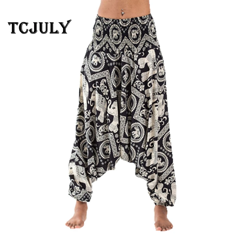 

TCJULY Thailand Design Rayon Silk Cross Pants Wide Leg Elephant Patterns Printed 2019 Summer New Loose Boho Pants Trousers Women