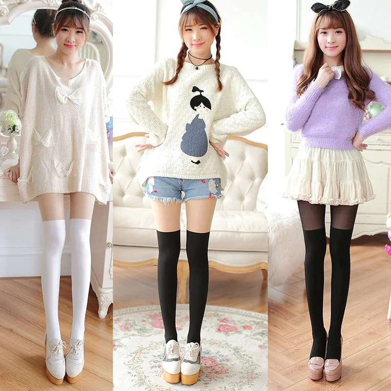 

Women Fashion Sweet Thin Pantyhose Lady Black Nylons Sexy Tights Stitching Slim Knee Stockings Pantyhose Girl Kawaii Tights