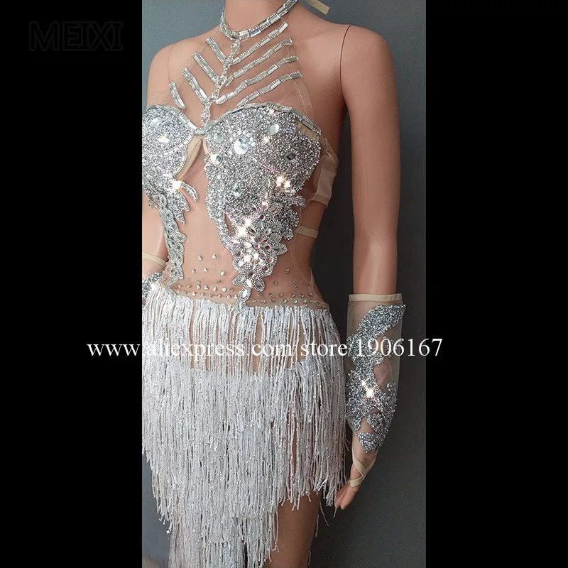 Sexy complexion hot drilling white tassel bar nightclub female singer dj dance team clothes04