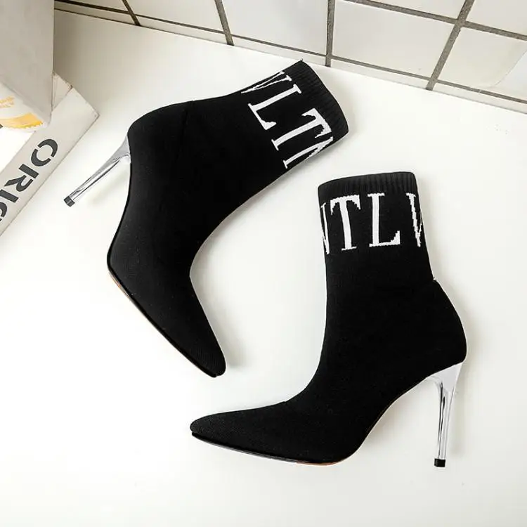 

Printing Letter Stretch Fabric Sock Boots Women Chic Pointed Toe High Heels Ladies Booties Winter Shoes Woman Slip On Zapatos