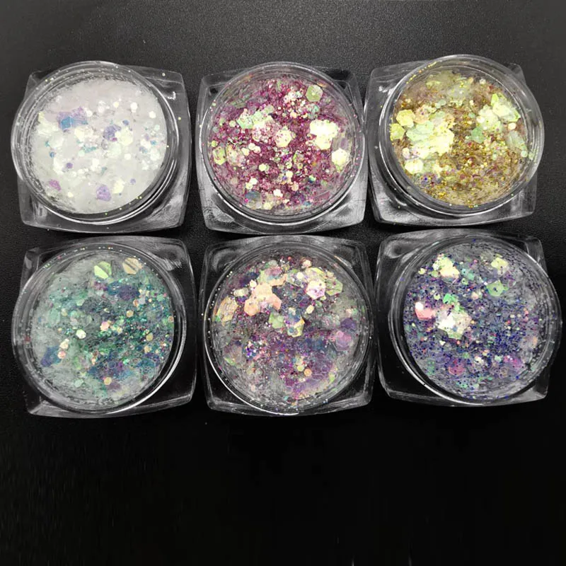 

6 Boxes Nail holographic chunky Sequins mix size Nail art Polish glitter powder set UV Nails Art Decorations