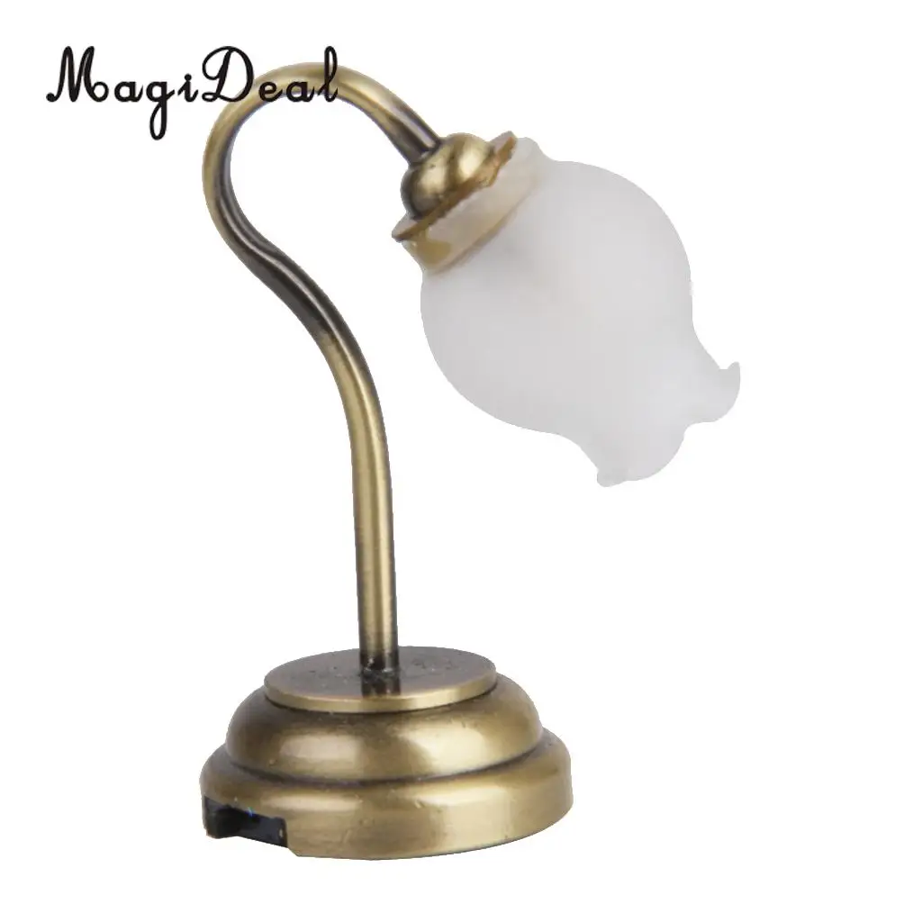 MagiDeal 1Pc 1:12 Metal Dollhouse Miniature  Shape Table Lamp LED Light with Button Battery for Desk Lamp Model Kids Room