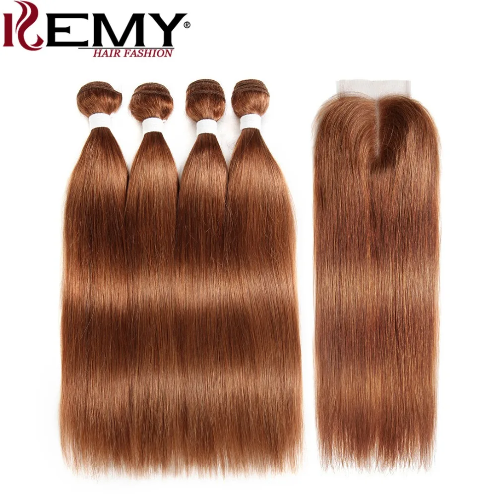 Brazilian Straight Human Hair Bundles With Closure 4*4 KEMY HAIR Pre-Colored 100% Human Hair Weave Bundles 3PCS Non-Remy Hair