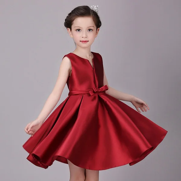 Детское красное платье для девочек; платья принцессы для маленьких девочек; костюмы для причастия; Однотонный костюм для девочек; атласное платье - Цвет: Wine Red