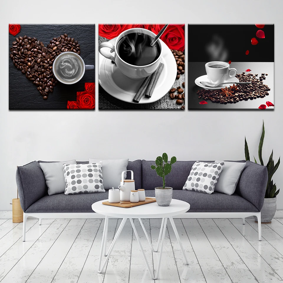 

Modular Canvas Prints Picture Wall Art Framework 3 Pieces Coffee Poster Mugs Heart-shaped Beans Cafe Shop Painting Kitchen Decor