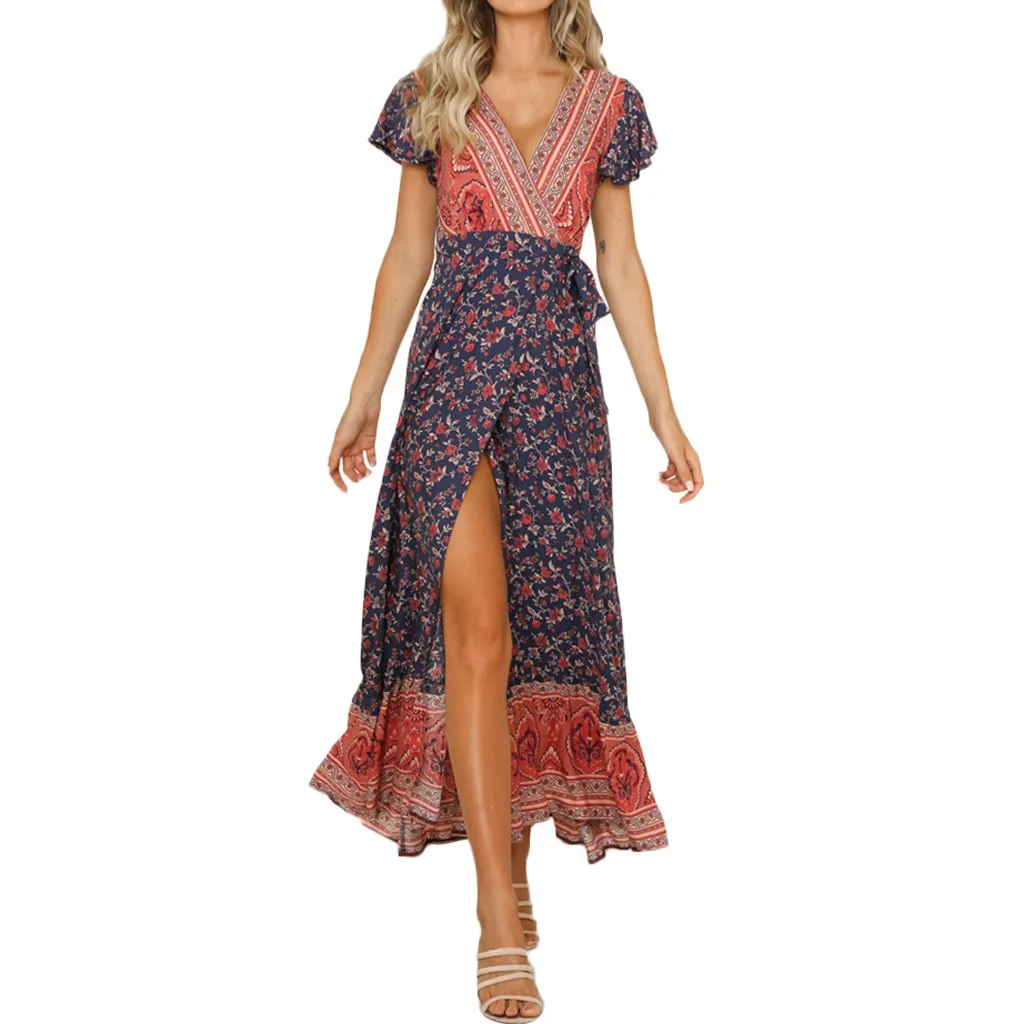 

Womens Sexy Casual High Waist Bohemia Print V Neck National Style Long Dress