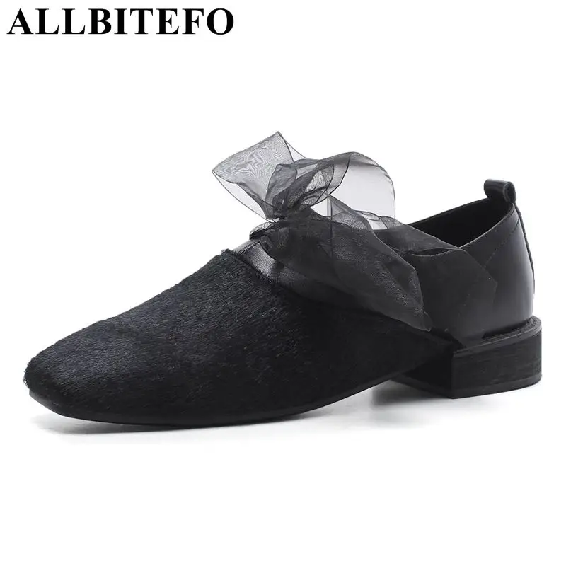 

ALLBITEFO size:33-43 genuine leather+Horse hair square toe thick heel women pumps spring women high heel shoes girls shoes
