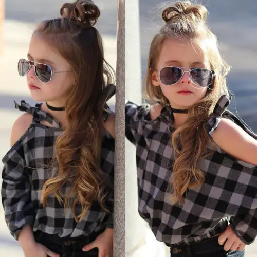 New Style Kid Girls Strap Plaid T-shirt Off Shoulder T-Shirt Infant Outfit Children Casual T Shirt Clothes Spring Tops Age 0-5Y | Детская