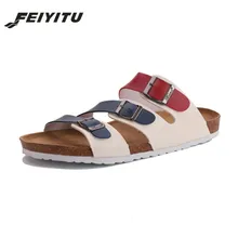FeiYiTu/модные летние пробковые шлепанцы; сандалии; Новинка года; мужские повседневные пляжные шлепанцы без застежки с двойной пряжкой и принтом; обувь на плоской подошве; европейские размеры 35-45