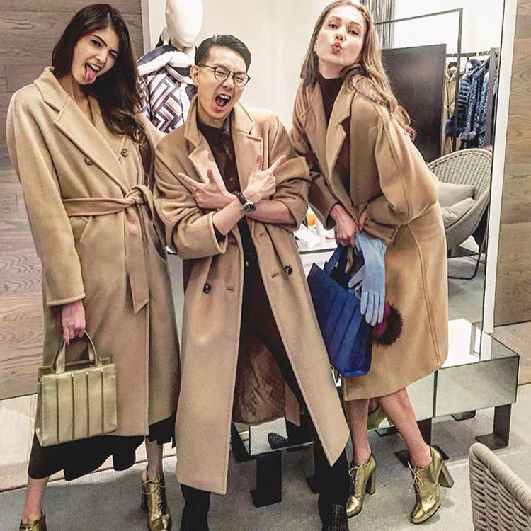 

Women Winter Fashion Double Face Breasted Turn Down Collar Khaki Classic Cashmere Long Blends Coat Female Loose Oversize Outwear