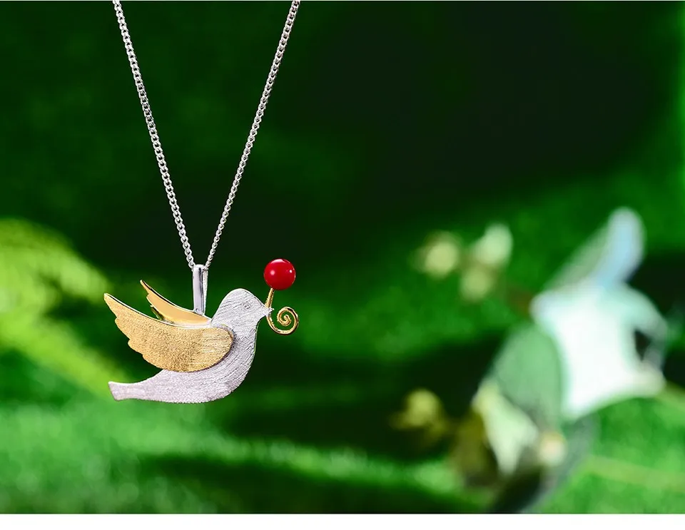 Lotus Fun Real 925 Sterling Silver Handmade Fine Jewelry Creative Flying Pigeon with Fruits Pendant without Necklace for Women