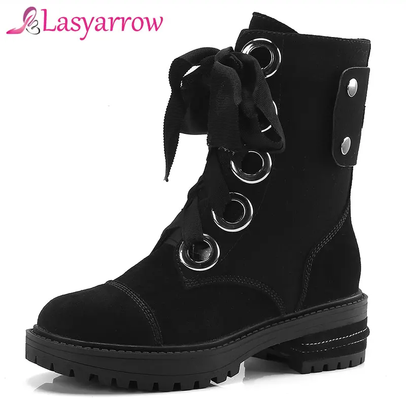 

Lasyarrow Zipper Botas Mujer Thick Bottom Genuine Leather Ankle Boots For Women Suede Lacing Motorcycle Boots Rivets Punk Boots