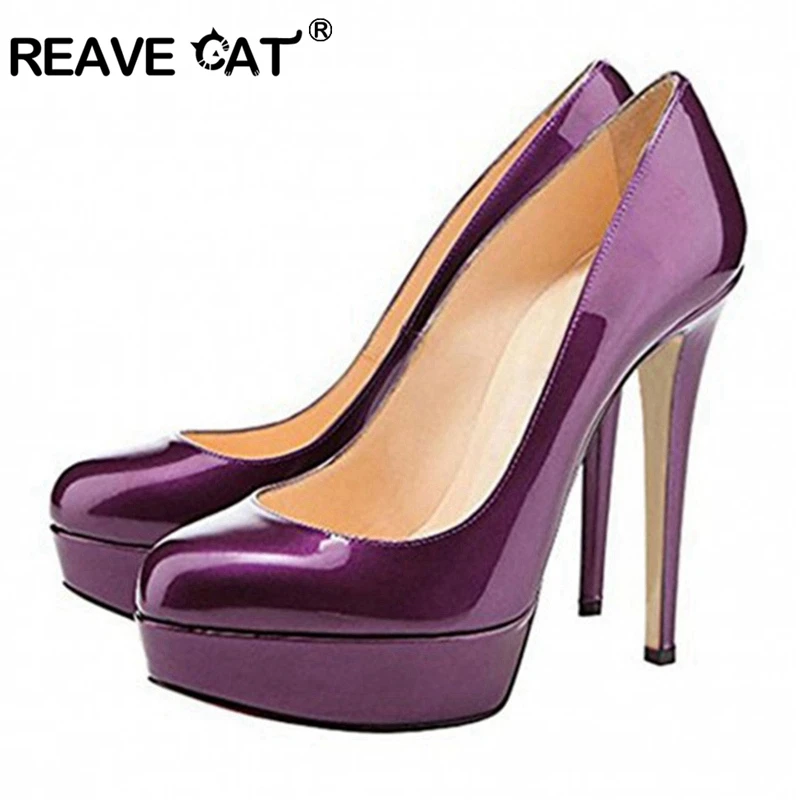 

REAVE CAT 2019 NEW Spring summer Shoes woman High heels Women's pumps Platform Patent leather Round toe Shallow Glitter A1723
