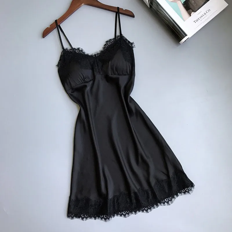 Women's Sexy Lingerie Silk Nightgown Summer Dress Lace Night Dress Sleepwear Babydoll Nightie Satin Homewear Chest Pad Nightwear