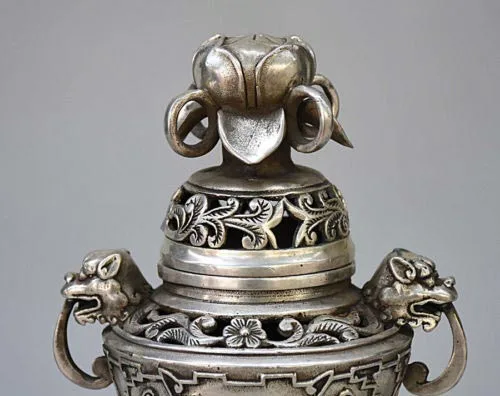 

8" Chinese Buddhism Temple Silver Dragon Head Lotus Statue Incense Burner Censer