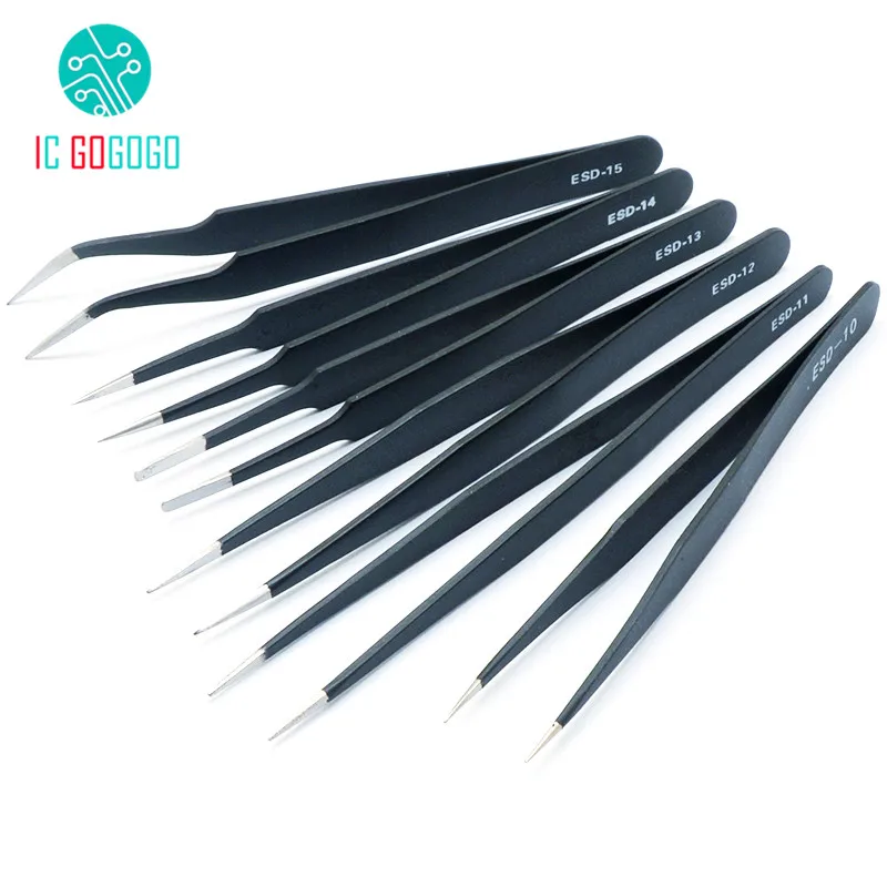 

Anti-static Tweezers Stainless Steel Tweezers Electronic Tweezer Pointed/Flat/Curved/Round/Wide Mouth Head Soldering Tools Set