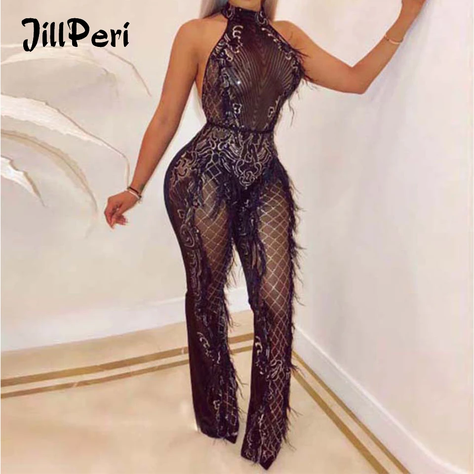 

JillPeri Women Sexy Backless Jumpsuit Fashion Halter Feather Perspective Rompers Daily Outfit High Waist Sequin Stage Club Wear