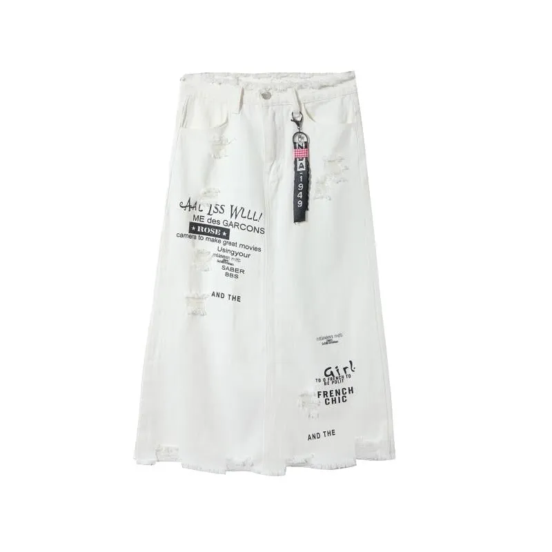 2019 Новый Для женщин Летняя мода Повседневное Высокая Талия Джинсовая юбка письмо отверстие белый посылка узкие джинсы юбка