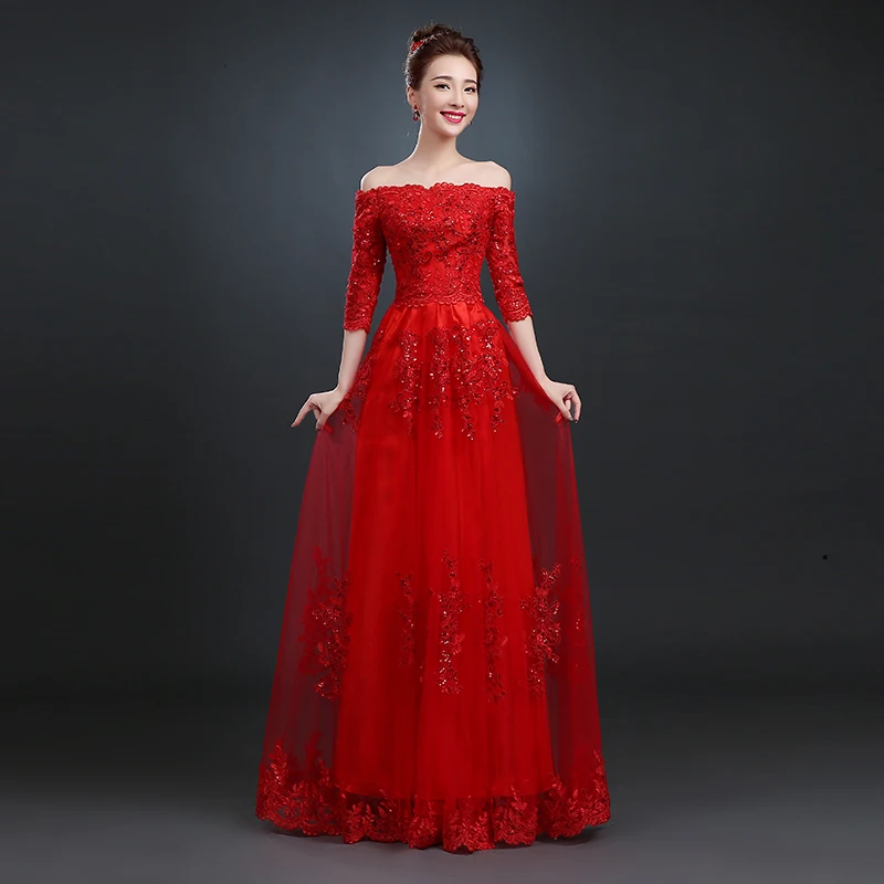 

New Red Evening Dresses with Sleeve Elegant Long Bride Gown Princess Ball Prom Party Homecoming/Graduation Formal Dress