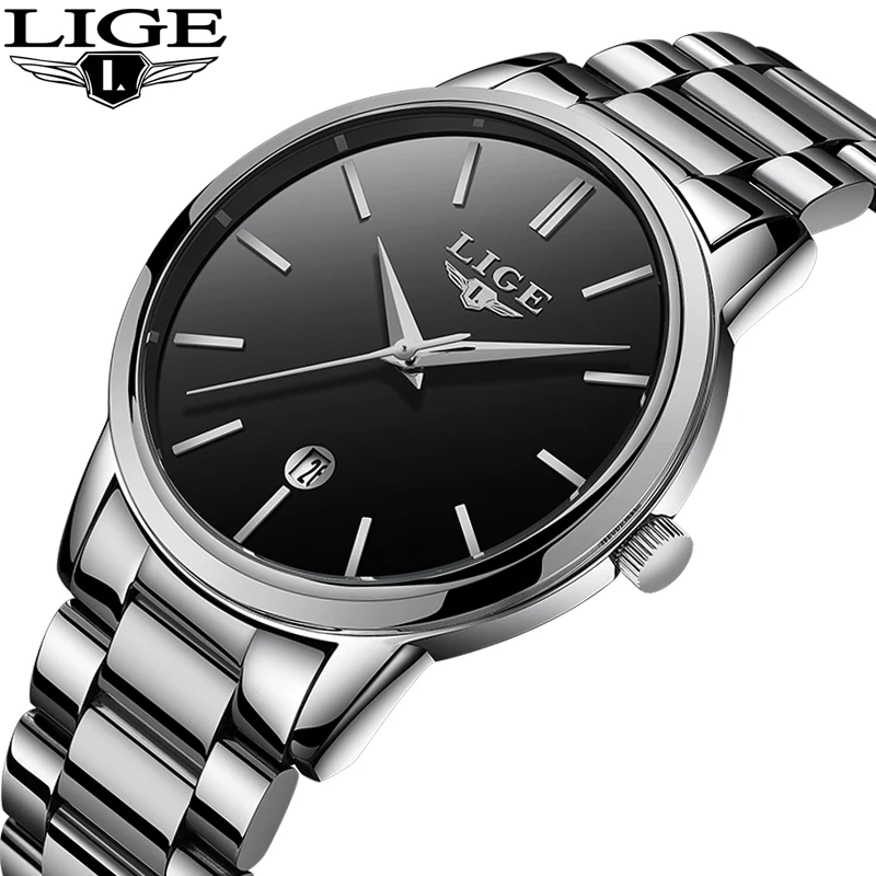 

LIGE Ultra thin Fashion Male Wristwatch stainless steel Watchband Business Watches Waterproof Men Watch Clock Relogio Masculino