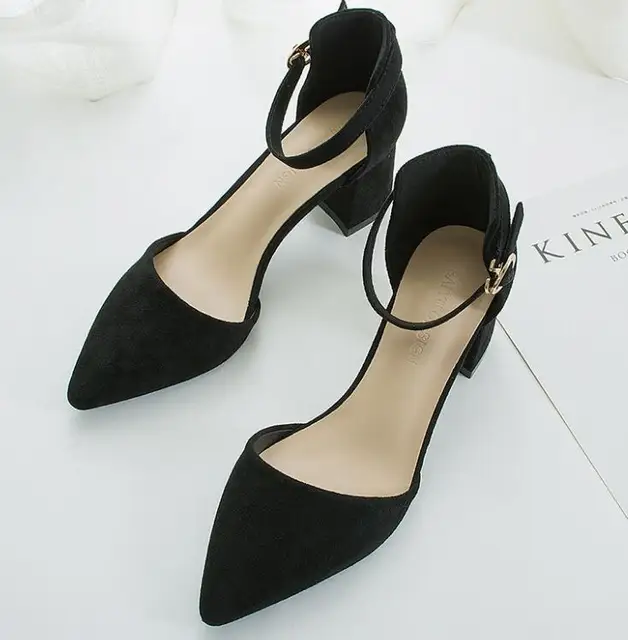 women pumps Word buckle Hollow Suede Single shoes Thick with Pointed Toe High heels women shoes black 6CM