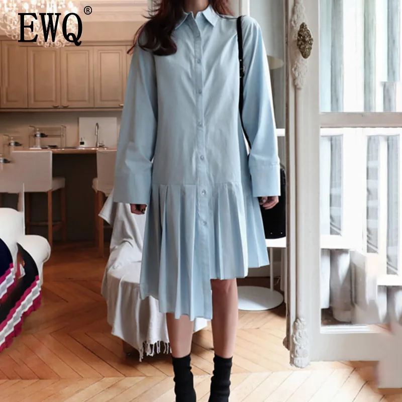 

[EWQ] 2019 Spring New Korean Style LooseLong Sleeve Lapel Pleated Irregular Stitching Fashion Women Summer Shirt Dress QG06905