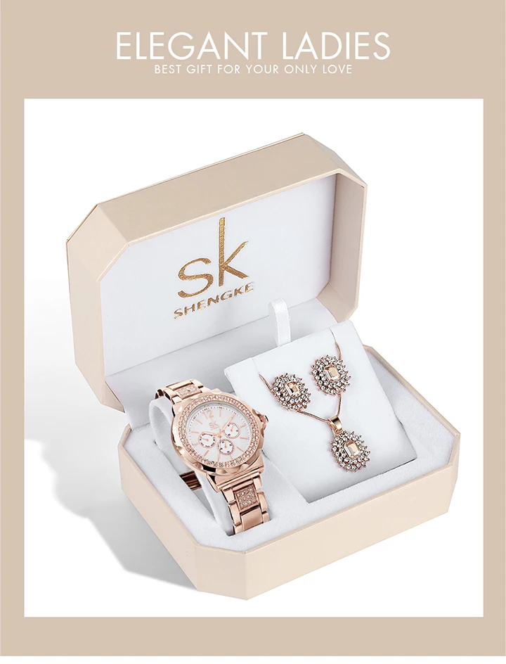 Shengke, часы из розового золота, женские серьги с кристаллами, ожерелье, набор, женские кварцевые часы с ювелирным комплектом, новинка, женские часы, набор