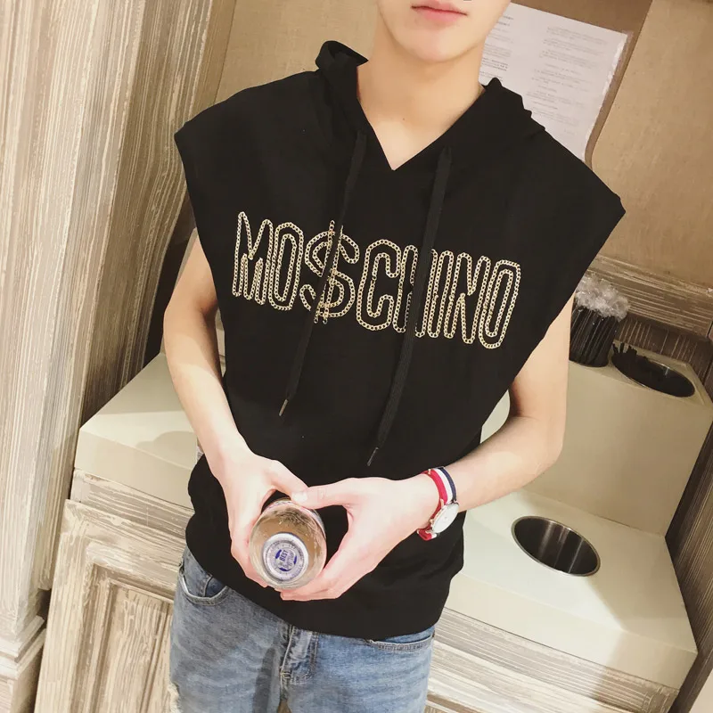 Summer pullover Korean stylish Sleeveless hoodie men with hoody Black