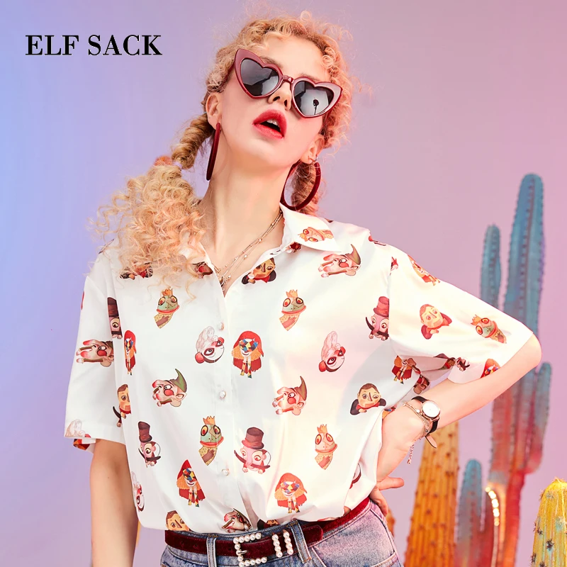 قزم SACK الصيف جديد امرأة قمصان الكرتون طباعة المرأة البلوزات عارضة الشارع الشهير المرأة الملابس أنيق بدوره إلى أسفل طوق فام