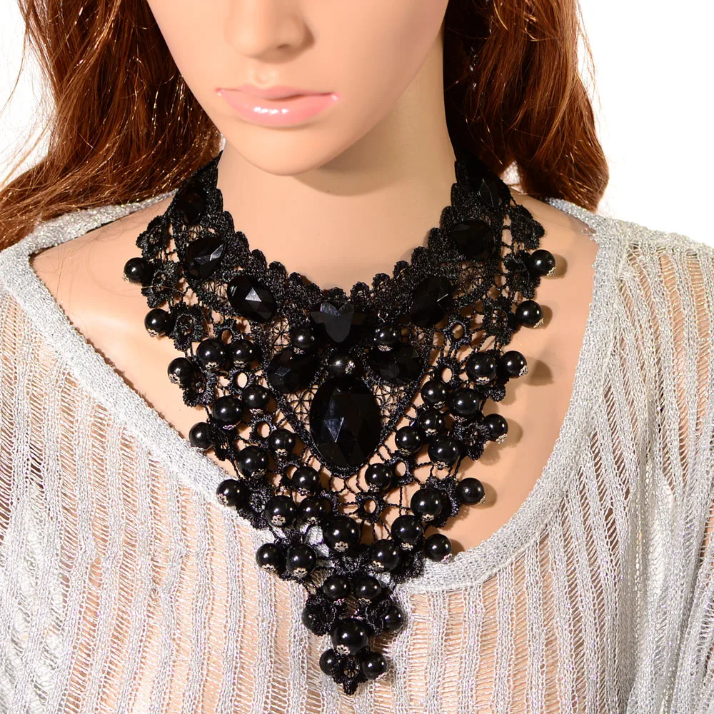 Горячая Распродажа модное Европейское элегантное женское большое массивное кружевное ожерелье-чокер с черными бусинами