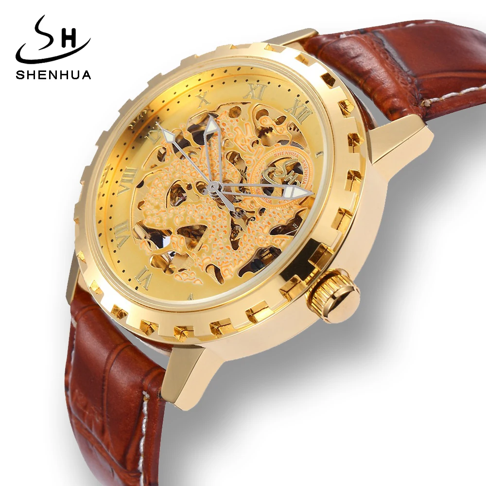 

Shenhua 2018 Mens Skeleton Gold Dragon Transparent Automatic Self Wind Watch Men Leather Mechanical-Watches relogio automatico