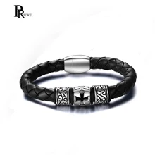 Нержавеющая сталь Магнитная застежка кожаные браслеты для мужчин крест браслет из бисера