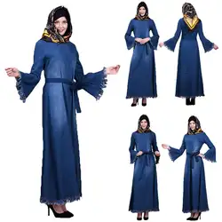Для женщин джинсовые длинное платье с кисточками Абая, для мусульман, накидка, Восточный халат Ислам женское платье макси платье Вечерние