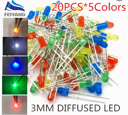 

100Pcs/lot 5 Colors F3 3MM Round LED Assortment Kit Ultra Bright Diffused Green/Yellow/Blue/White/Red Light Emitting Diode