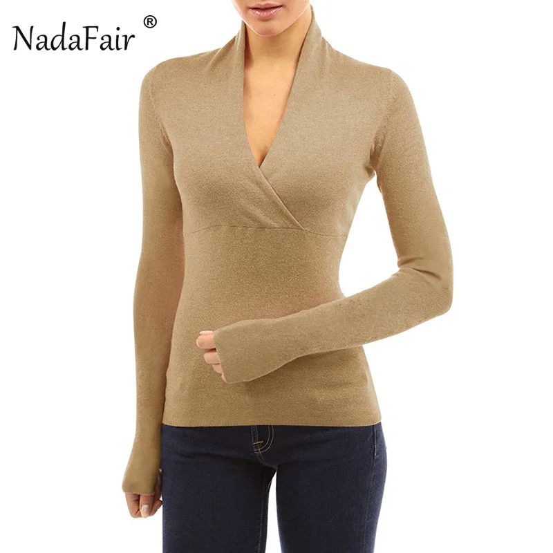 Nadafair Sexy V образным вырезом перекрытия тонкий вязаные Блузы осенне зимняя Дамская обувь одноцветное цвет повседневное праздник топы с