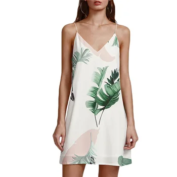 

NORMOV 2019 Summer WomensDresses White Beach Palm Leaf Print V-Neck Casual Shift Dresses Sexy Sleeveless Spaghetti Strap Dress