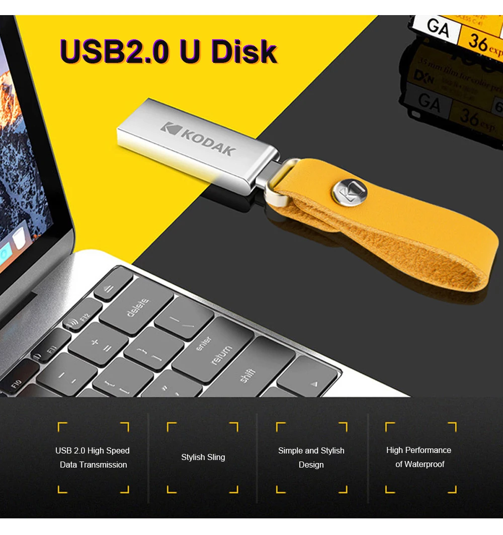 K122 KODAK USB 2,0 u-диск водонепроницаемый ударопрочный 64 ГБ 32 ГБ 16 ГБ USB флеш-накопитель высокоскоростной автомобильный u-диск с кожаной цепочкой