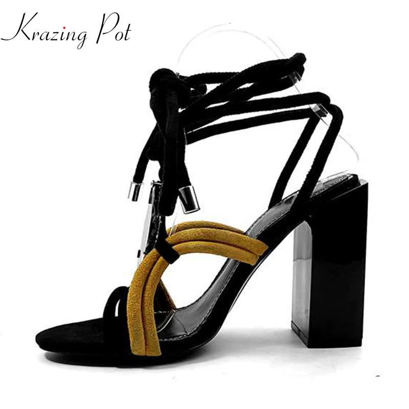 

Krazing Pot sheep suede peep toe square high heels mixed color high fashion ankle lace up banquet dress model wear sandals L21