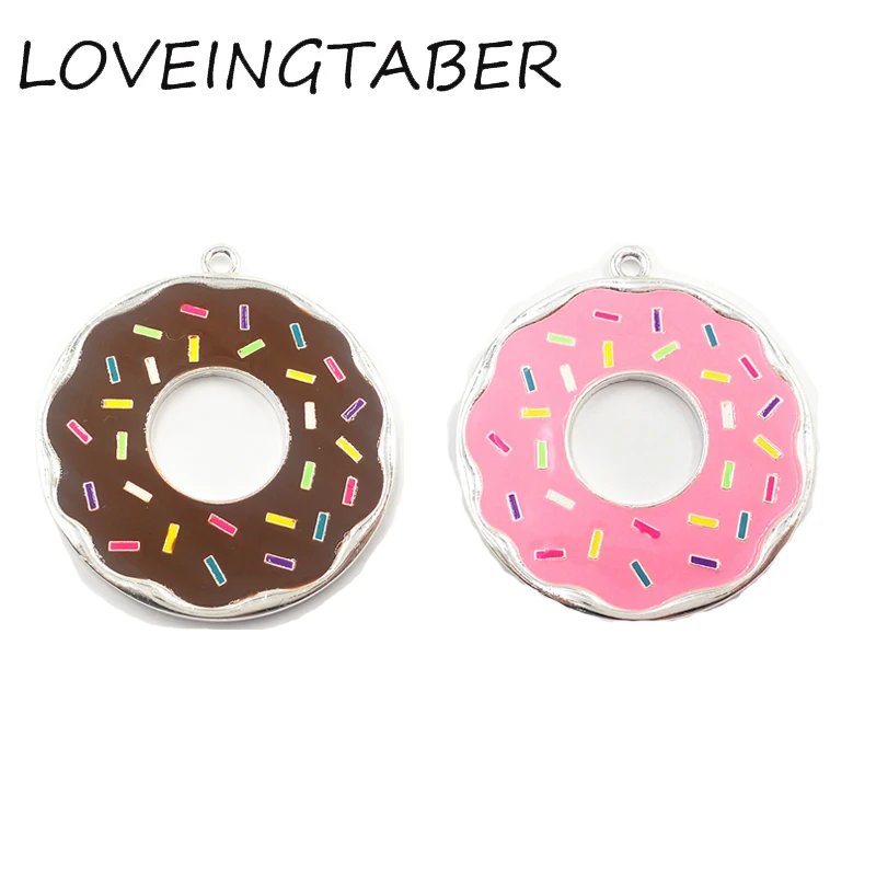 

( Choose Color First ) 41mm 10pcs/lot Silver Donut Pendants Necklace ,Sweet Full Enamel Doughnut For Kids Jewelry