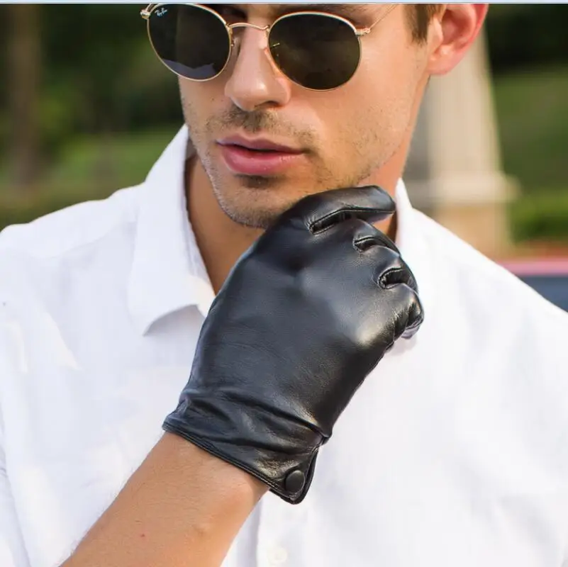 Мужские настоящие перчатки из овечьей кожи черные перчатки с сенсорным экраном модные брендовые зимние теплые кожаные перчатки